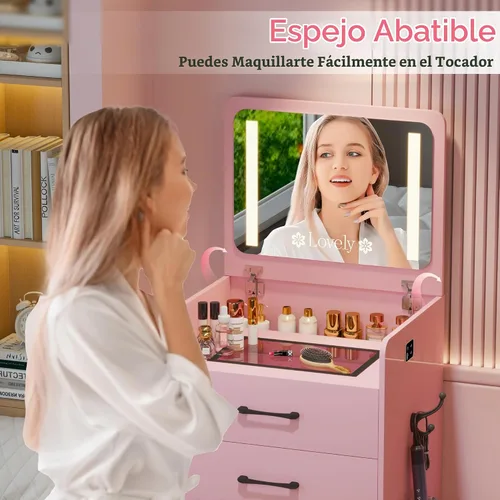 Vista 3 de HNEBC - Escritorio de tocador 3 en 1 con espejo LED con tapa abatible para dormitorio, color rosa