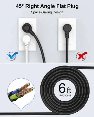 Vista 3 de Paquete de 2 cables de extensión de 6 pies de largo con protección contra sobretensiones de enchufe plano 6 Outlets 4 USB Ports, Power Strips with