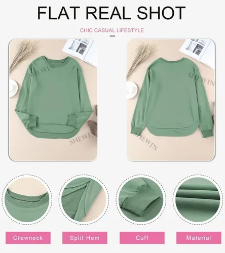 Vista 5 de SHEWIN Sudadera de gran tamaño para mujer, casual, de otoño, manga larga, cuello redondo, sin botones