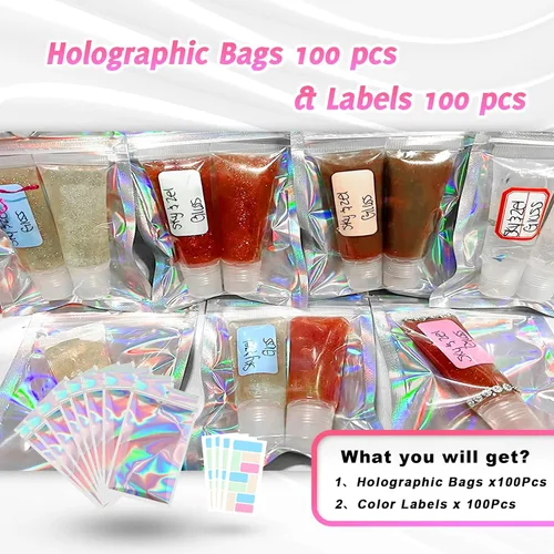 Vista 2 de Paquete de 100 bolsas de Mylar con ventana transparente, holográficas, a prueba de olores, para pequeñas empresas, bolsas resellables