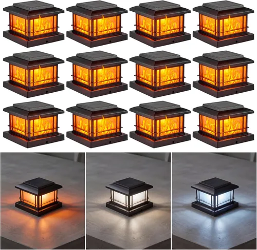 Vista 14 de JOFIOS Luces solares de llama parpadeante para exteriores, luces de poste negras con 3 temperaturas de color, se adapta a postes de madera/vinilo