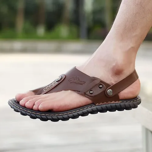 Vista 8 de Sandalias para hombre para interiores y exteriores, chanclas de playa, informales, de cuero, sin cordones, dos usos, pantuflas atléticas, suaves