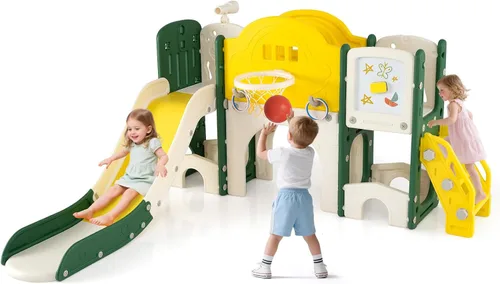 Vista 10 de Costzon Juego de tobogán 10 en 1 para niños pequeños, juego de tobogán y escalador con pizarra magnética, juego de anillos, aro de baloncesto, túnel