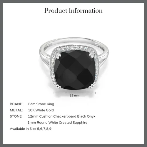 Vista 4 de Gem Stone King Anillo de mujer de oro blanco de 10 quilates con ónix negro y zafiro blanco creado