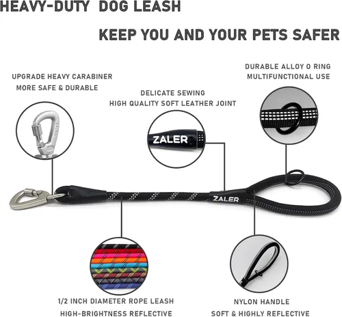 Vista 6 de ZALER Correa corta para perro, correa de tráfico de cuerda de 18 pulgadas para perros, correa reflectante con junta tórica, correa resistente