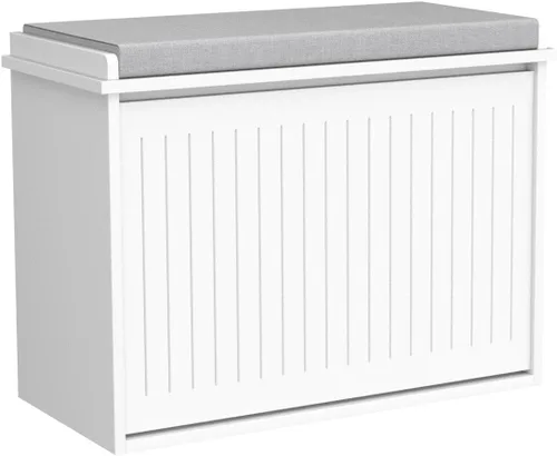 Vista 4 de Haotian Banco de zapatos pequeño, banco de almacenamiento con cojín de asiento extraíble, otomana para entrada y dormitorio, 2 cajones abatibles
