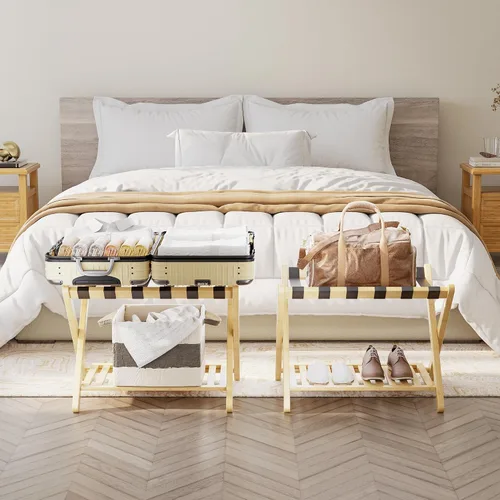 Vista 3 de SMIBUY Portaequipajes, soporte plegable de bambú para maleta con estante de almacenamiento para habitación de invitados, dormitorio, hotel, Natural