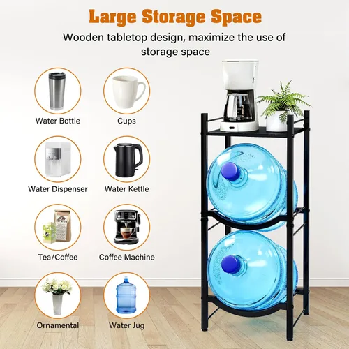 Vista 6 de TC-HOMENY Soporte para jarra de agua de 5 galones, estante de 3 niveles para dispensador, soporte organizador para hogar y oficina (negro)
