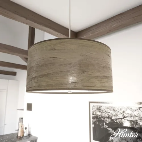 Vista 3 de Hunter - Solhaven - Lámpara colgante grande de 4 luces de roble gris cálido, regulable, estilo moderno, con forma de tambor, para dormitorios