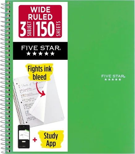 Vista 12 de Five Star, cuaderno en espiral, 3 materias, con papel rayado ancho, 150 hojas, 10-1/2 x 8 pulgadas, Amarillo