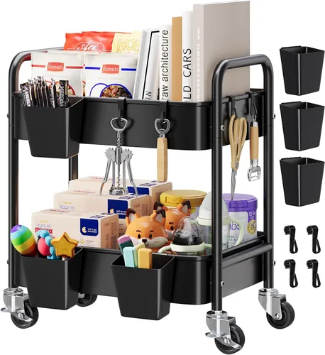 Vista 15 de Carrito pequeño de 2 niveles beige con ruedas, carrito de pañales para artículos esenciales para el cuarto de bebé, carrito de metal para debajo
