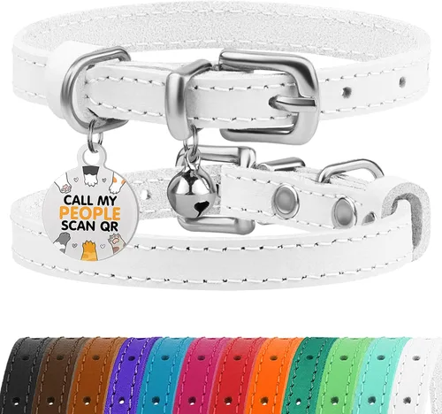 Vista 13 de BRONZEDOG Collar de cuero para gato con campanas extraíbles sin liberación rápida, etiqueta QR para gatito para niña y niño
