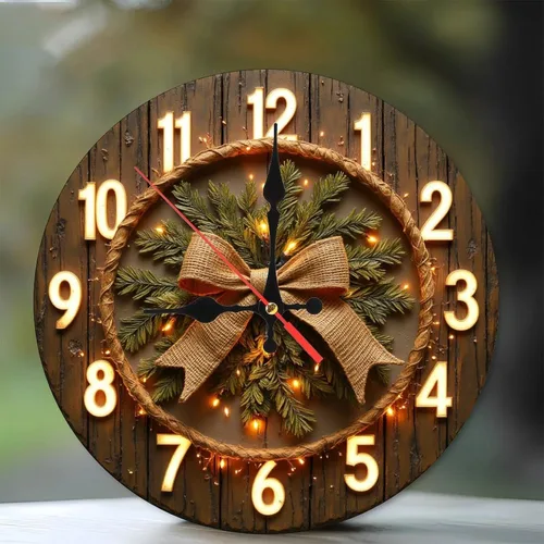 Vista 2 de Illuminated Bow & Pine Wreath Wooden Wall Clock 25x25cm