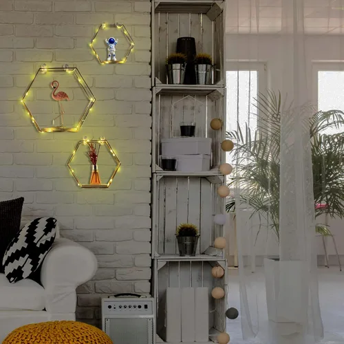 Vista 3 de Liywall - Estantes flotantes hexagonales, decoración de pared, alambre de metal dorado y estante de almacenamiento montado en la pared de madera