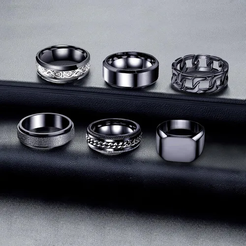 Vista 4 de LOWNOUR Anillos para hombres y mujeres, 6 unidades, anillos de acero inoxidable negro para hombre, anillo para ansiedad, alivio de la ansiedad