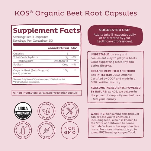 Vista 2 de KOS Betabel orgánico Polvo de betabel natural para intensificar el óxido nítrico Orgánico certificado por la USDA Aumenta el vigor Superalimento