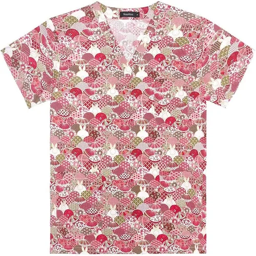 Vista 11 de Uniforme de enfermera de impresión de dibujos animados para mujer, manga corta, uniforme de trabajo de enfermería, uniforme, blusa de algodón 62056