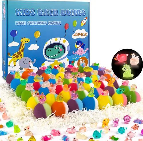 Vista 8 de Bombas de baño para niños, 24 bombas de baño con sorpresa que brilla en la oscuridad en el interior, burbujas coloridas naturales y orgánicas