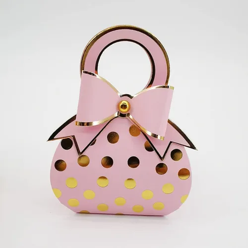 Vista 7 de 50 piezas de bolsas con lazo decorativo verde y dorado con lunares de papel metalizado dorado, cajas de regalos de boda para dulces con lazo y asa