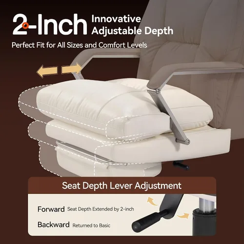 Vista 5 de OKUP M76 - Silla de oficina ejecutiva reclinable de 160° con reposapiés, silla de oficina de cuero con profundidad de asiento ajustable, cojín Crema