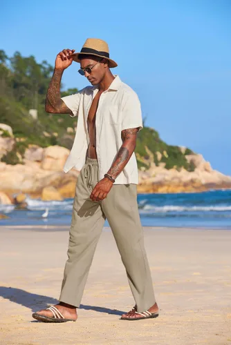 Vista 3 de COOFANDY Pantalones de lino de verano para hombre, ligeros, casuales, con cintura elástica, con cordón