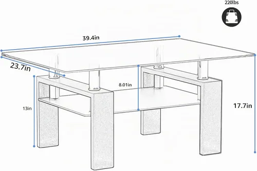 Vista 3 de Mesa de centro de vidrio rectangular Meihua de 2 niveles, mesa de té moderna, mesa auxiliar de café para sala de estar (todo negro)