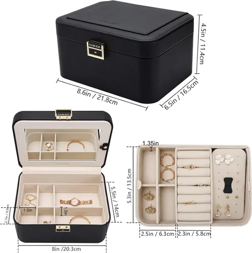 Vista 6 de KAMIER Organizador de joyas, caja de joyería de piel sintética de 2 capas, gran capacidad, doble cerradura y espejo grande, ganchos ocultos