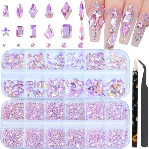 Vista 25 de Diamantes de imitación para uñas, tamaño 3D multiforma, gemas y dijes de cristal AB para uñas, parte trasera plana, con kit para arte de uñas