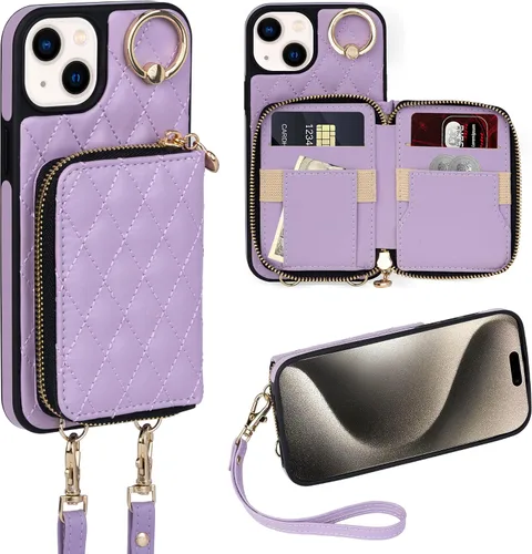 Vista 53 de Funda para iPhone 12 Pro/iPhone 12 de 6.1 pulgadas, cartera cruzada con cremallera para mujer, tarjetero con bloqueo RFID, funda de cuero con Negro