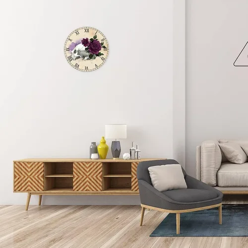 Vista 4 de Reloj de pared retro francés vintage con diseño de bruja y cráneo de bruja, reloj de pared de madera, funciona con pilas, decoración de pared