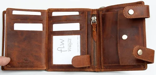 Vista 5 de FLW Billetera de cuero genuino para hombre con cadena de metal para colgar, Marrón, Cartera grande