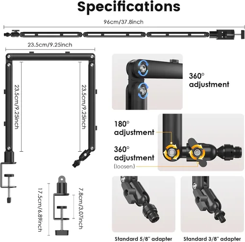 Vista 4 de Brazo de micrófono ajustable para micrófonos ligeros, soporte de escritorio giratorio de 30 pulgadas con gestión de cables y hilos de 3/8 pulgadas