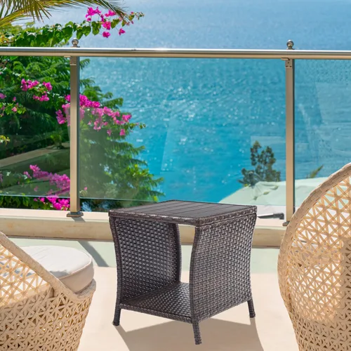 Vista 9 de Mesa auxiliar de patio al aire libre, pequeña mesa auxiliar de mimbre negro para almacenamiento exterior, mesa de centro con mesa de madera