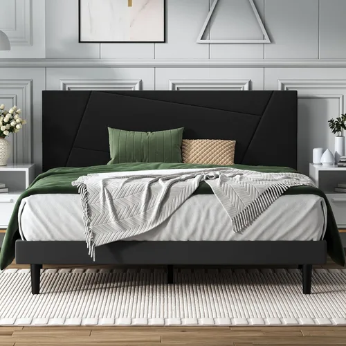 Vista 10 de IOILORI - Base de cama tamaño Full con cabecera tapizada en terciopelo de diseño geométrico, estructura robusta y listones de madera, silenciosa,