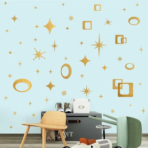 Vista 6 de Calcomanías de pared de estrellas retro, calcomanías de pared de óvalos y cuadrados, calcomanías geométricas para paredes, calcomanías de vinilo