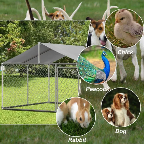 Vista 8 de Perrera grande para perros al aire libre, recinto de acero galvanizado resistente con cubierta impermeable resistente a los rayos UV, cadena