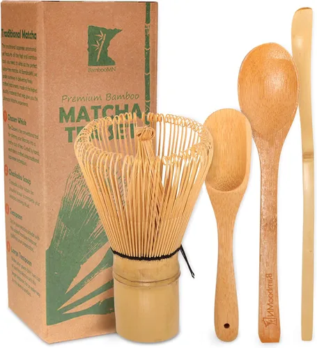 Vista 8 de BambooMN Juego de batidor de matcha - Chasen (batidor de té), Chashaku (cuchara de bambú con gancho), cuchara de té - negro