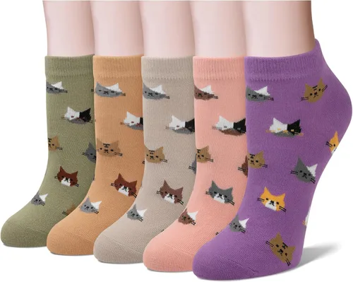 Vista 14 de Justay 5 pares de calcetines de gato - lindos calcetines de algodón de novedad divertidos con diseño de animales para tobillo para mujer, regalos
