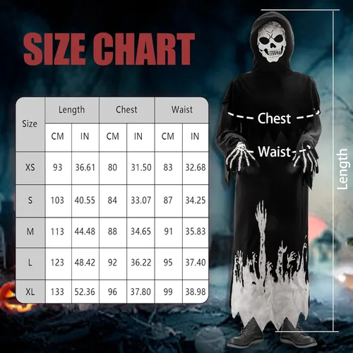 Vista 7 de Kitimi Disfraz de Halloween que brilla en la oscuridad para niños y niños, disfraz de fantasma aterrador de Halloween con guadaña y guantes