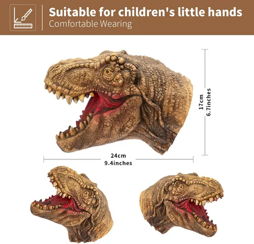 Vista 3 de Yolococa Marionetas de mano de dinosaurio, juego de marionetas de animales de látex de 3 piezas con T Rex, velociraptor y dilophosaurus para contar
