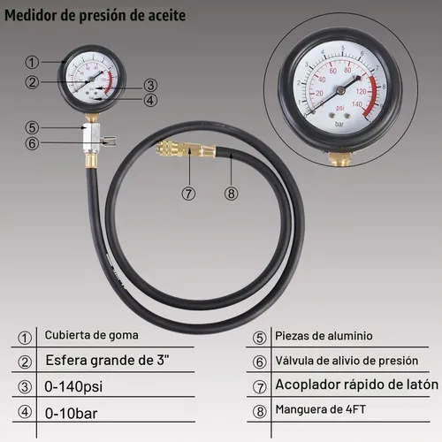 Vista 3 de YSTOOL Kit de prueba de presión de aceite, medidor profesional de presión de aceite para diagnóstico de motor con adaptadores de manguera y estuche