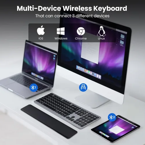 Vista 3 de Teclado inalámbrico, teclado Bluetooth con reposamanos de cuero, retroiluminación, emparejamiento multidispositivo, USB C recargable, para Windows
