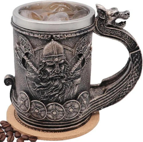 Vista 8 de Jarra de barril de madera Stein Tankard, Taza de acero inoxidable con asa, decoración nórdica vikinga mitológica poética gótica para fiestas