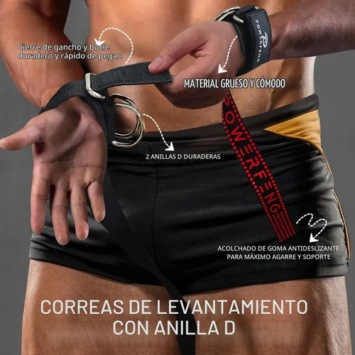 Vista 5 de Correas de levantamiento de pesas con anillos en D para cable de gimnasio, soporte de muñeca antideslizante, correas de levantamiento de pesas