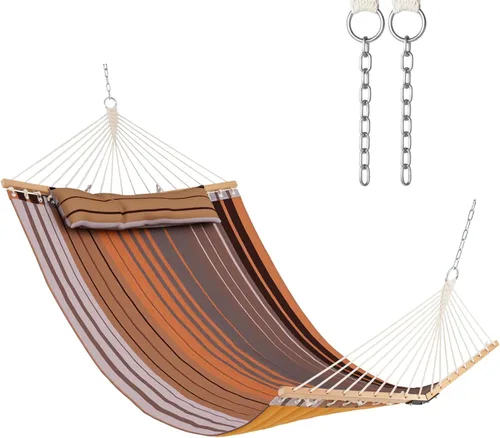 Vista 12 de Tangkula Hamaca doble de 11 pies, hamaca resistente para exteriores con barras esparcidoras curvas, almohada desmontable, hamacas para 2 personas