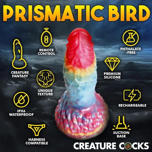 Vista 5 de CREATURE COCKS Consolador vibratorio de silicona Rainbow Phoenix para hombres, mujeres y parejas. Consolador de fantasía con potente vibración.