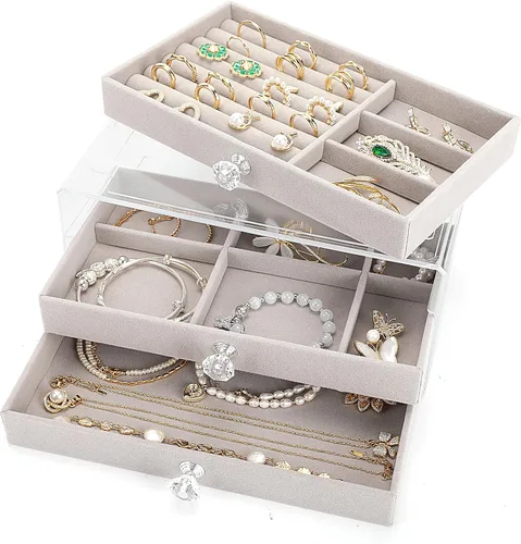 Vista 8 de coobest Joyero, organizador de joyas de 3 cajones, cajas de joyería y organizadores con organizador de aretes, caja organizadora de joyas