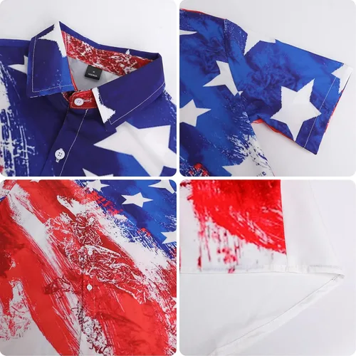 Vista 4 de Camisa hawaiana para hombre, manga corta, con botones, estampado tropical, para fiesta en la playa, vacaciones, Estados Unidos, patriótica Aloha