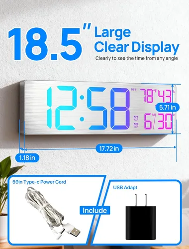 Vista 2 de MASHI Reloj de pared digital grande de 18.5", con control remoto, doble alarma con gran pantalla LED, 10 niveles de brillo ajustable, DST, fecha