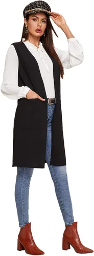 Vista 4 de SheIn Chaleco largo con frente abierto para mujer casual sin mangas ropa de abrigo larga con bolsillo